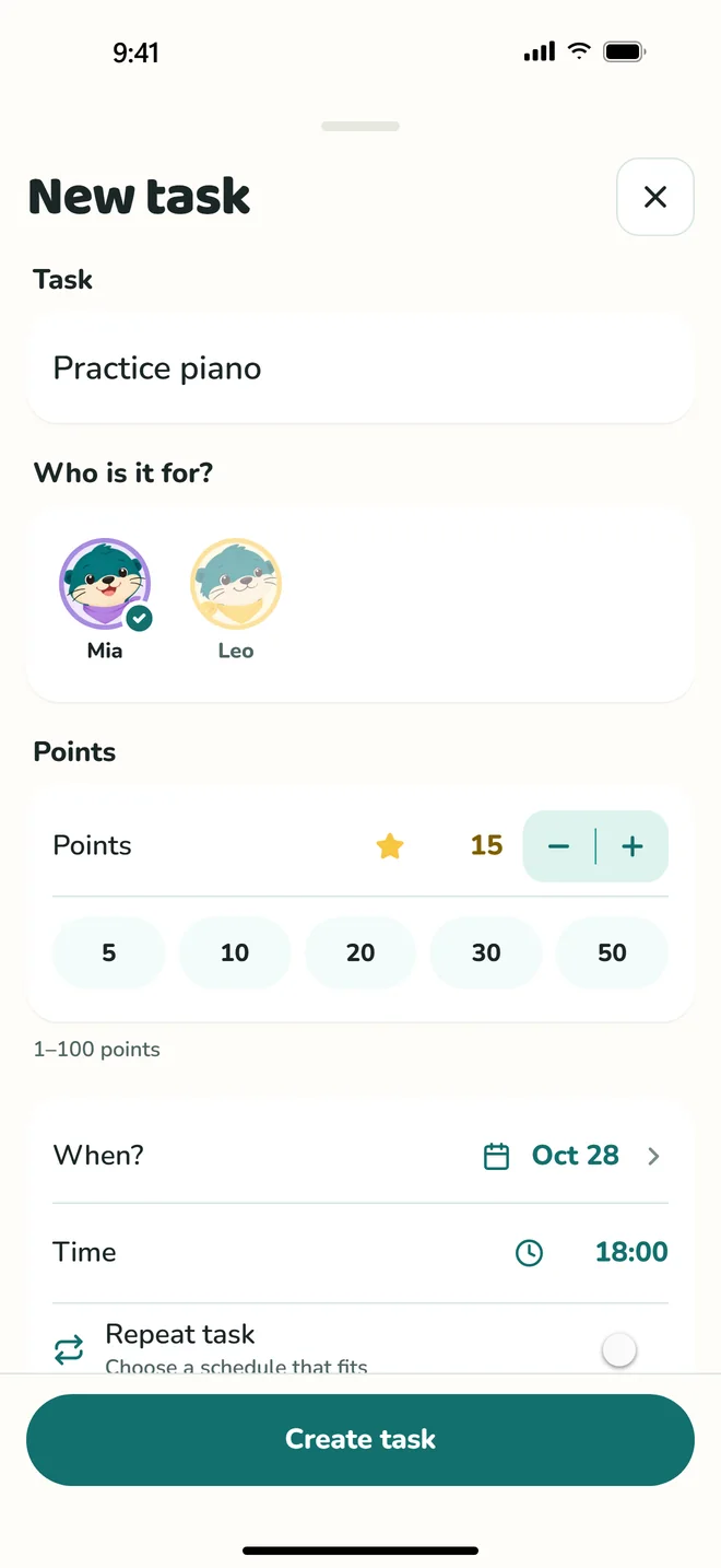 The New task screen: a task name, a child to pick, the points and a time.