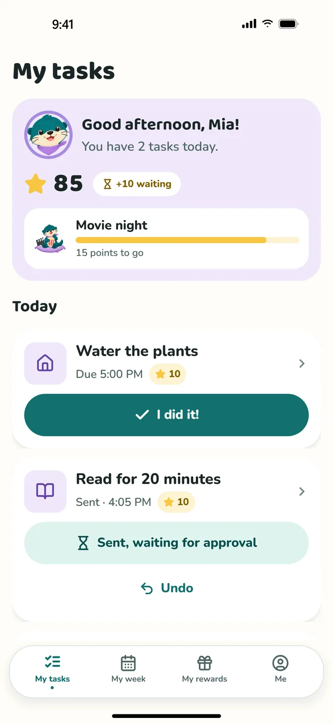 A child's screen: her points, her next reward and today's tasks, each with an I did it button.